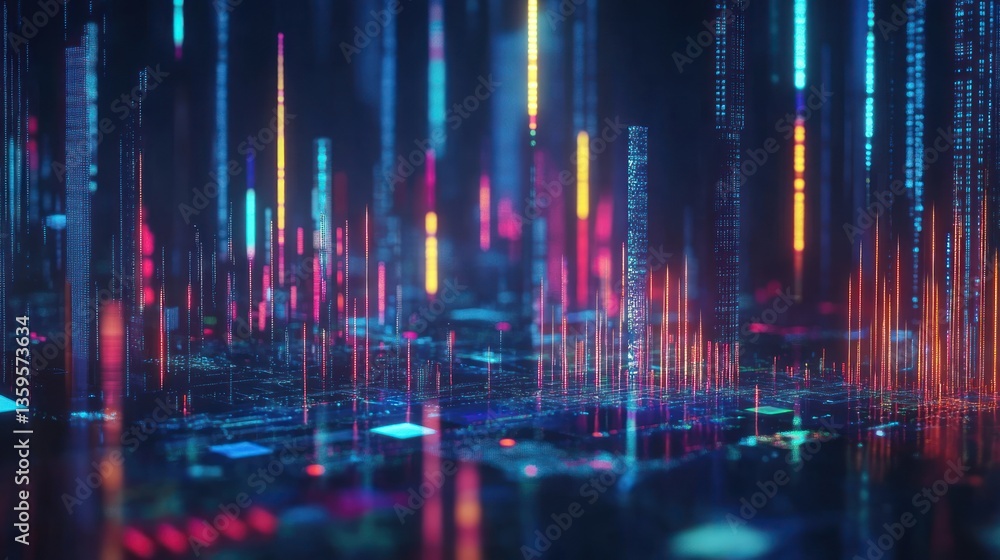 Poster abstract digital landscape with vibrant data streams and circuit patterns
