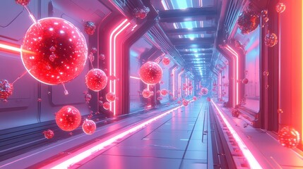 A molecular structure in a futuristic research center with glowing particles, showcasing holographic visuals and futuristic scientific advancements