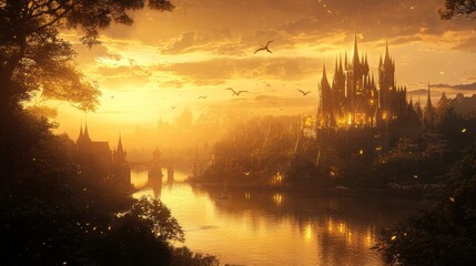 Naklejka premium A golden sunrise over an elven kingdom, with elegant towers, glowing trees, and magical creatures flying in the sky, realistic