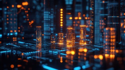 Naklejka premium A scientific research in a digital science hub with soft light diffusion, showcasing liquid chemistry reactions and futuristic scientific advancements