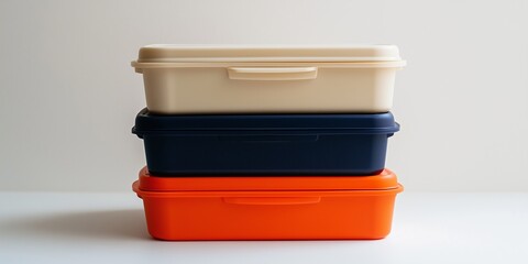 A stack of three plastic lunch boxes in different sizes, in orange, dark blue, and beige colors on a white background.