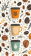 Obraz premium Coffee cups and beans pattern