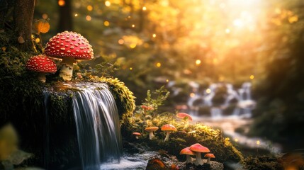 Obraz premium Enchanted forest scene with fly agaric mushrooms and miniature waterfall