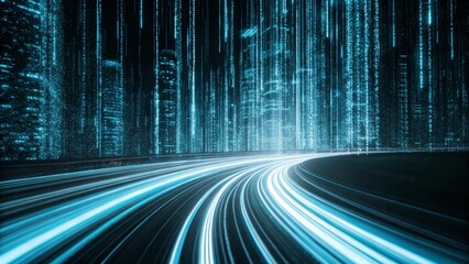 3D Rendering of abstract highway path through digital binary towers in the city. Concept of big data, machine learning, hyper loop, virtual reality, high-speed network