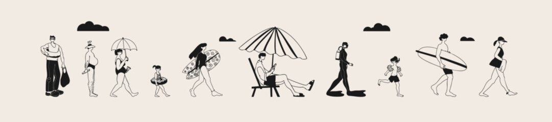 Summer theme. People of different ages and gender are walking along the beach. Trendy vector illustration.