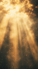 Obraz premium Golden light rays pierce through smoky, glittery clouds creating a celestial, dramatic effect, symbolizing hope, magic, or a divine presence, ideal for fantasy or spiritual themes