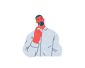 Thinking people, modern flat vector concept illustration- man standing thoughtfully, looking upwards. Metaphor for reflection, analysis, introspection, contemplation, deep thought