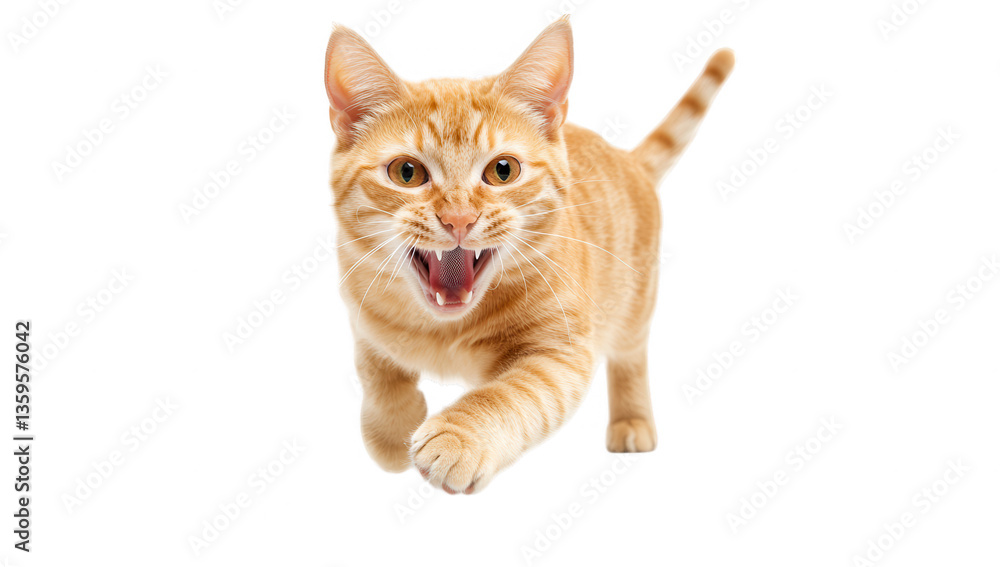 Poster a playful orange tabby cat is running towards the camera mouth open as if meowing or playing its vib