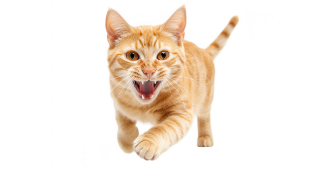 a playful orange tabby cat is running towards the camera mouth open as if meowing or playing its vibrant fur and energetic pose convey a sense of joy and liveliness