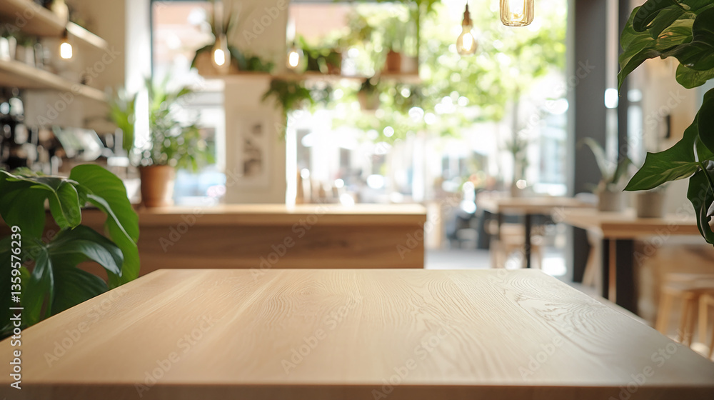 Aufkleber light wood table surface, blurred cafe background with plants and light fixtures, showcasing a clean