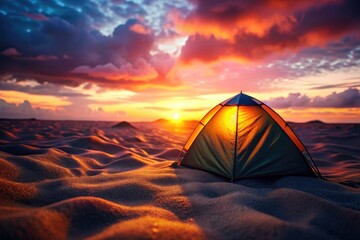 Tropical Sunset Beach Camping Tent Macro Photography - Sandy Shore, Idyllic Vacation, Coastal Adventure