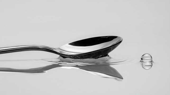 Silver spoon floats on water, a single drop nearby.