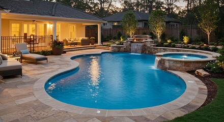 Luxurious Backyard Pool and Spa with Waterfall Feature at Dusk