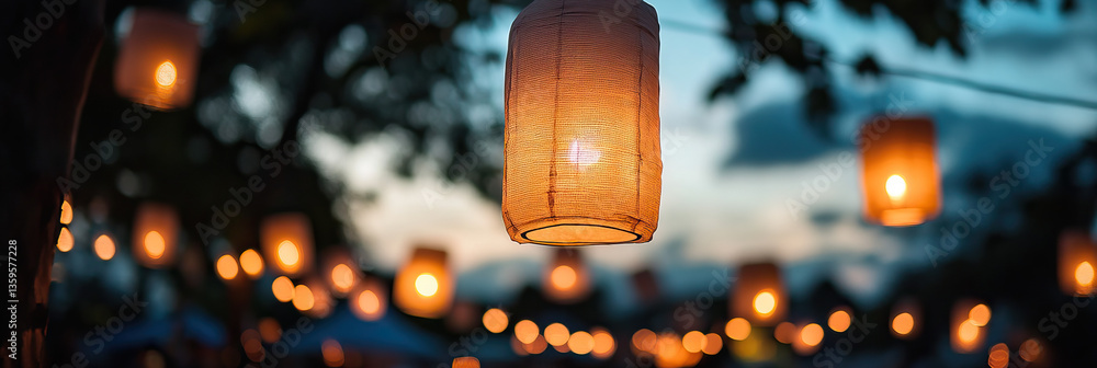 Poster string of illuminated fabric lanterns at dusk