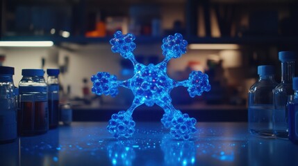 A molecular structure in a futuristic research center with glowing particles, showcasing holographic visuals and futuristic scientific advancements