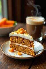 Delicious carrot cake slice on a plate paired with steaming coffee and fresh carrots.