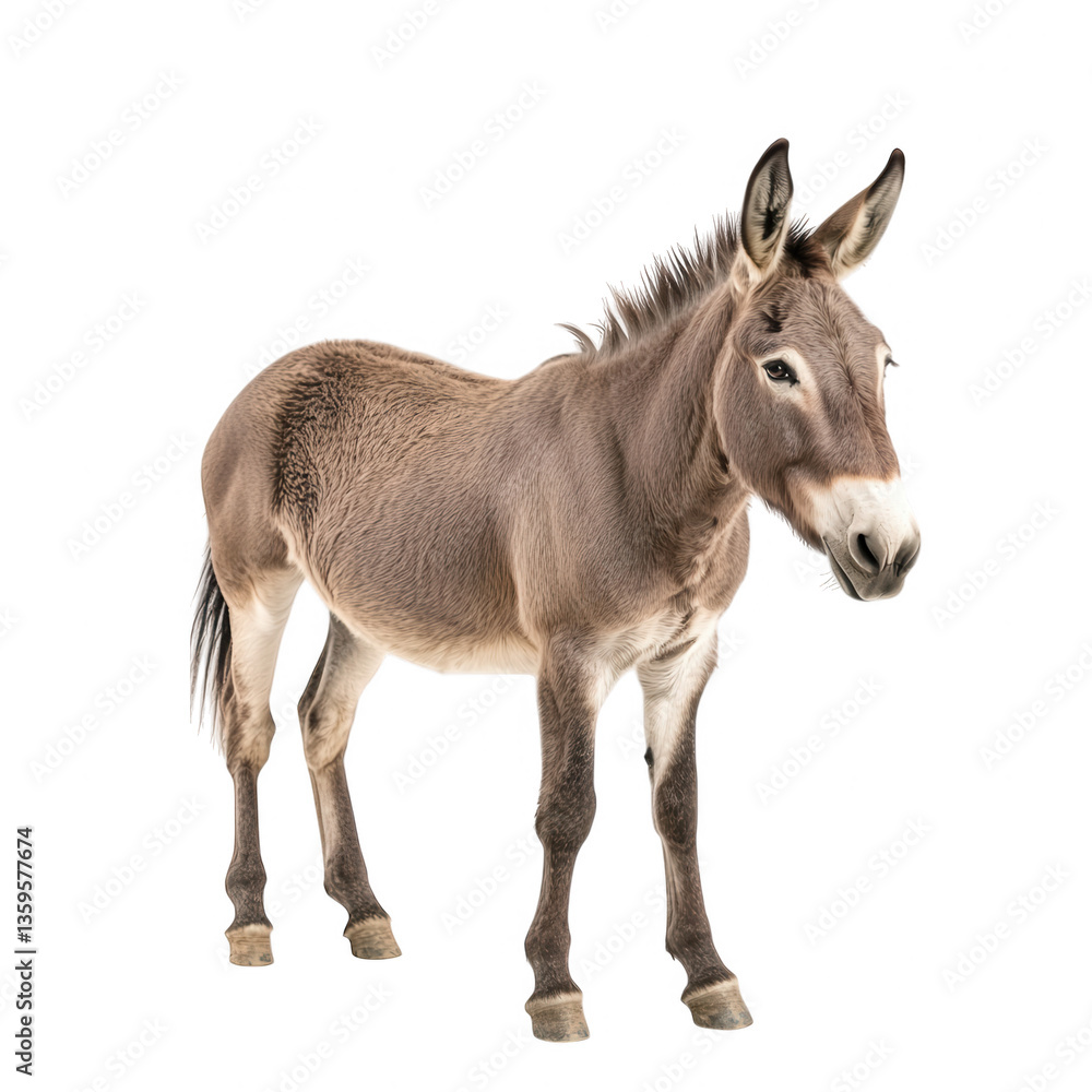Poster a standing donkey with a sleek coat and a friendly expression set against a white background emphasi