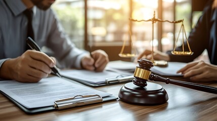 Legal Consultation with Gavel and Scales of Justice, Two people discussing legal matters at a table with a gavel and scales of justice