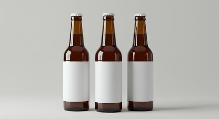 Three Amber Glass Beer Bottles with Blank White Labels on a Neutral Background Mockup for Branding and Design
