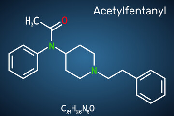 Acetylfentanyl molecule. Synthetic opioid analgesic from the fentanyl family. Structural chemical formula , dark blue background. Vector i