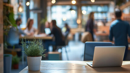 A laptop is on a table with a potted plant next to it