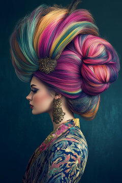 Woman with a giant rainbow pompadour hairstyle in profile, artistic portrait