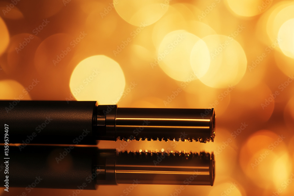 Poster Black cylindrical object with textured end, reflected on shiny surface, against blurred golden bokeh background, showcasing product or technology