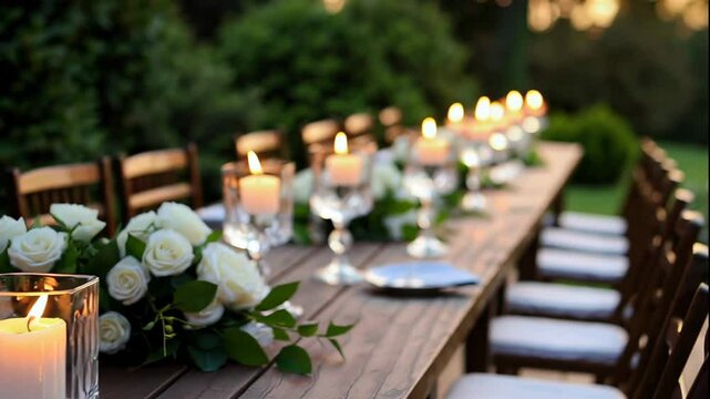 Outdoor wooden table set for an elegant candlelit dinner with white roses and glassware at sunset in garden setting. Concept of celebration and romantic ambiance