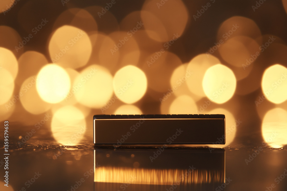 Aufkleber dark rectangular object on reflective surface, gold bokeh background, showcasing product or text, id