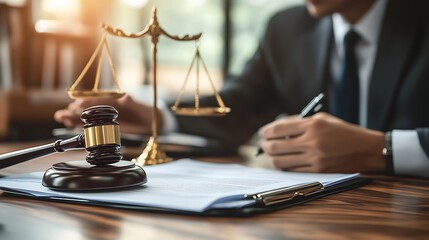 Legal Consultation with Gavel and Scales of Justice, Two people discussing legal matters at a table with a gavel and scales of justice