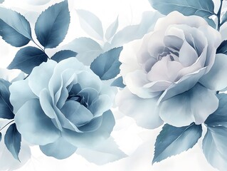 delicate floral pattern roses and soft lavender with pale green leaves on a white background. The design has a dreamy and subtle watercolor effect, perfect for a soft 