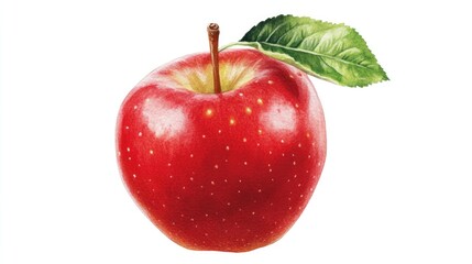 A single, vibrant red apple with a green leaf, meticulously illustrated in watercolor, showcasing its juicy texture and natural beauty.