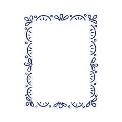 Decorative ornate frame. Hand drawn blue ink summer holiday border wreath. Vintage background for greeting cards, wedding, invitations, social media