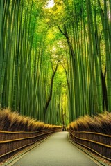A tranquil bamboo forest nestled in the picturesque town of Kyoto, Japan.