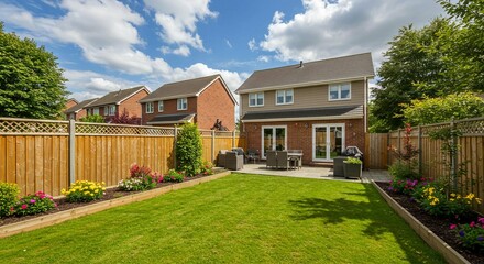 Fototapeta premium Modern Suburban Backyard with Wooden Fence Lush Lawn and Patio Furniture