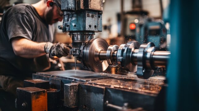 Metalworker shapes a rotating metal bar on a milling machine with sparks flying in industrial facility.