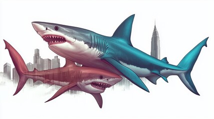 Naklejka premium Neon sharks symbolize fierce competition in urban business landscape