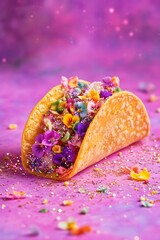 Taco filled with flowers and glitter, on a pastel purple background souranded by flowers and glitter. Food, aesthetic, Spring concept.