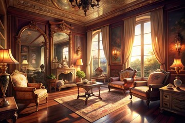 Vintage Living Room, Ornate Mirrors, Classic Interior Design, Bright Sunlight, Retro Home Decor