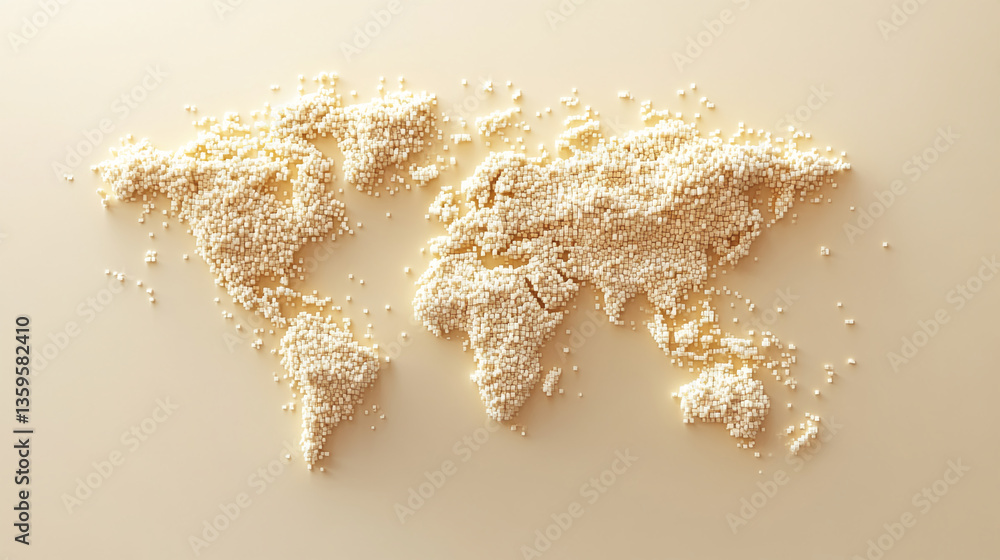 Poster beige cubes forming a world map on a beige background, showcasing global connection and unity, ideal