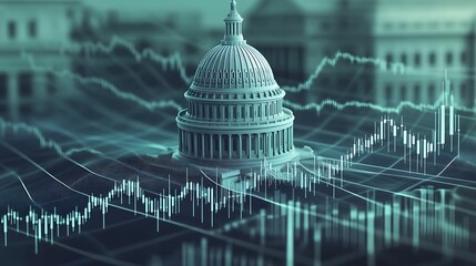 A digital representation of a government building with fluctuating financial graphs, symbolizing the intersection of politics and economics.