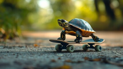 A turtle showcases its skateboarding skills