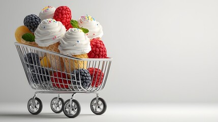 Shopping cart brimming with ice cream containers and fresh fruits ready for delivery to satisfy sweet cravings