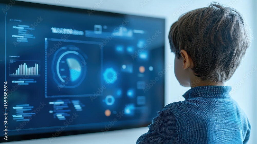 Poster child engaged with futuristic digital interface displaying information