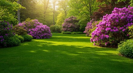 Lush Spring Garden Landscape Vibrant Rhododendrons and Green Grass in Sunlight