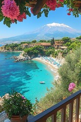 Beautiful coastal landscape of a beach with a snow capped mountain