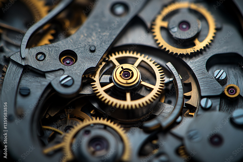 Poster close-up of intricate gold and grey watch gears, showcasing precise mechanics and complex engineerin