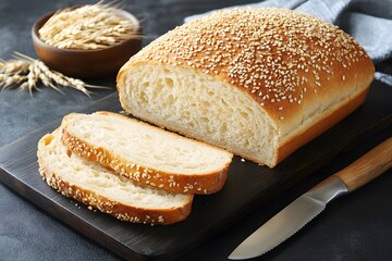 Naklejka premium Artisan Sesame Seed Loaf Bread Sliced on Wooden Board
