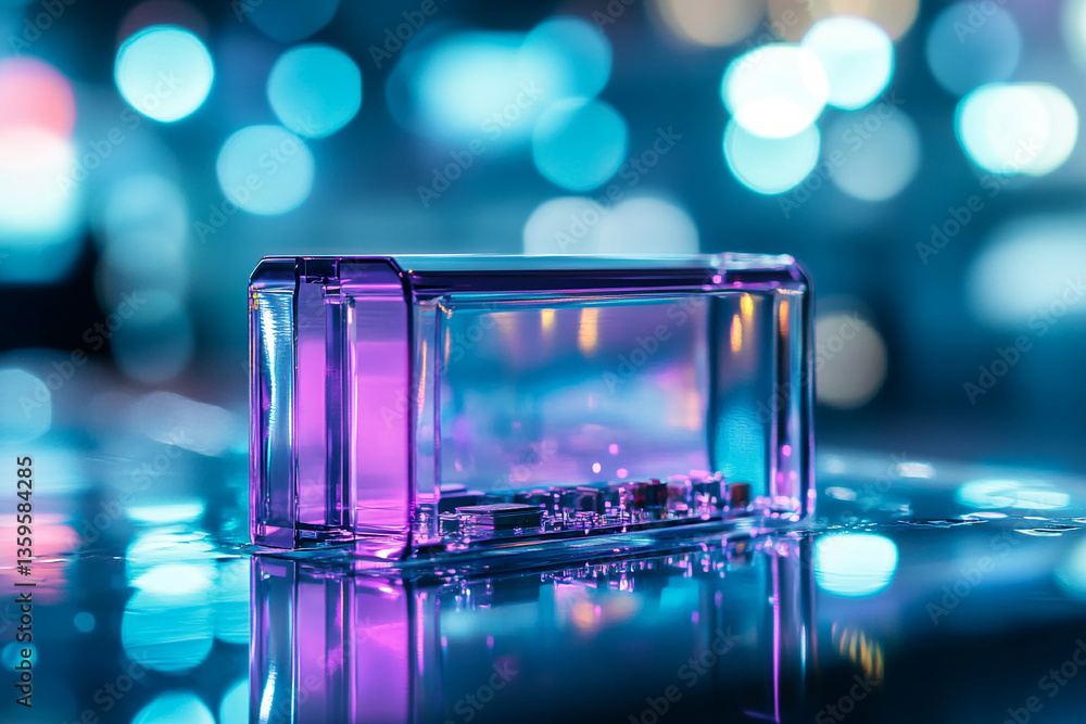Poster Transparent purple showcase with circuit board inside, reflecting neon blue lights, creating a futuristic and technological feel, ideal for product display or tech concepts