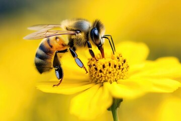 A vibrant yellow flower attracts a busy bee as it gathers nectar from its petals.